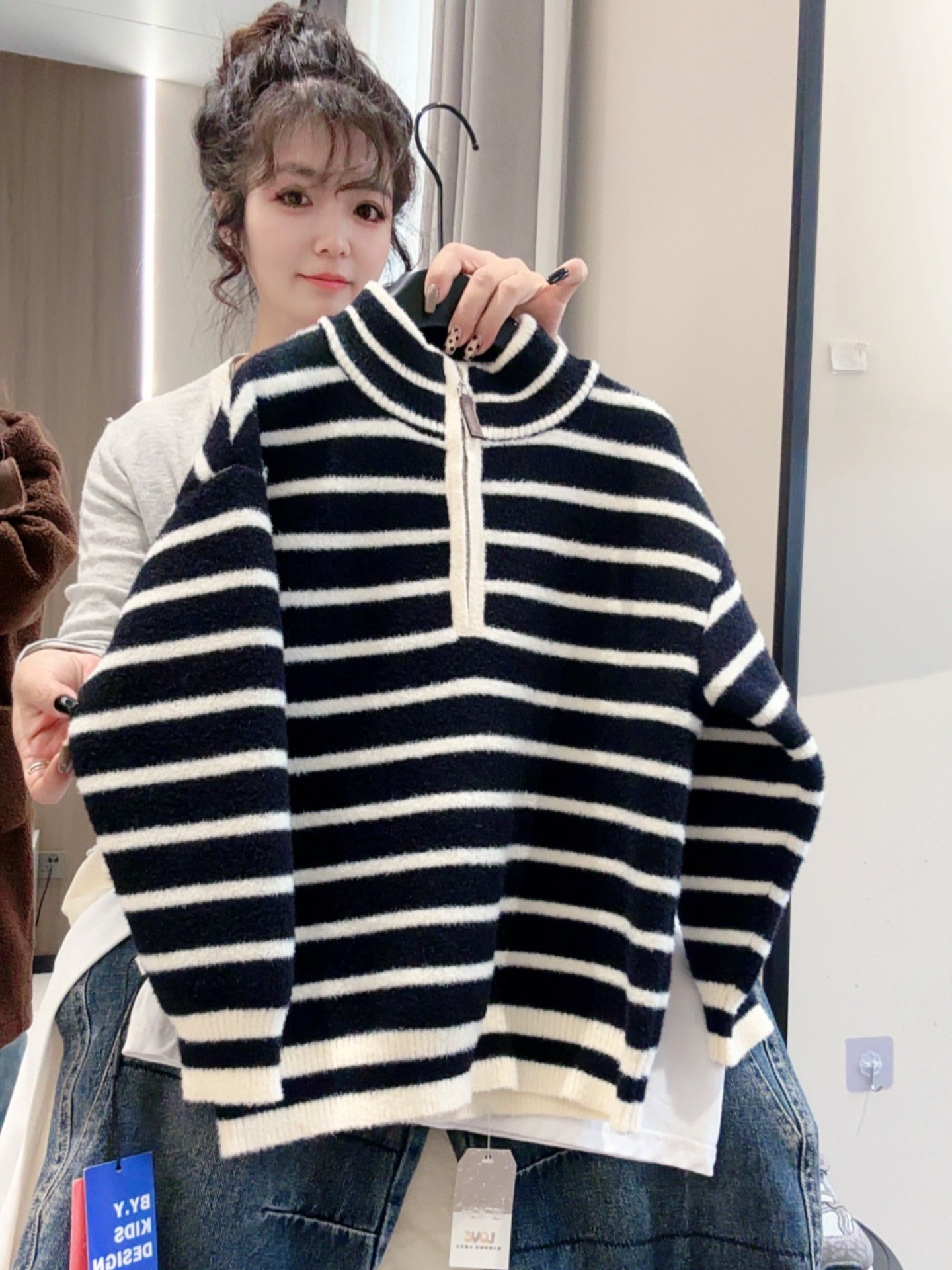 【不起球】男童韩国绒半拉链加厚条纹毛衣2025新款洋气百搭针织衫