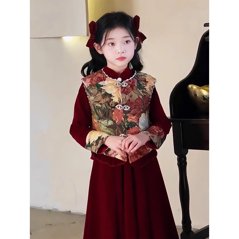 女童连衣裙套装秋冬2025新款潮儿童长款国风裙子女孩拜年服洋气