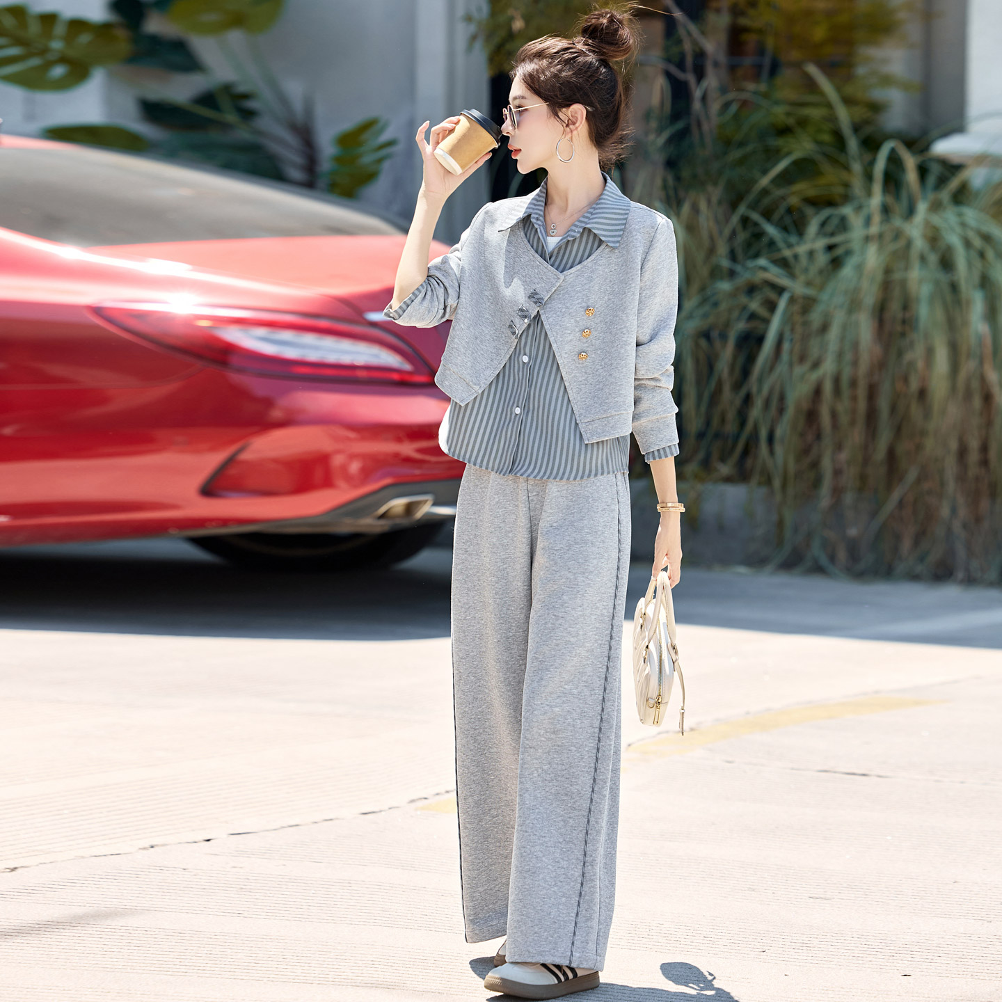 高级感休闲运动套装女2025秋新款条纹拼接假两件上衣阔腿裤两件套