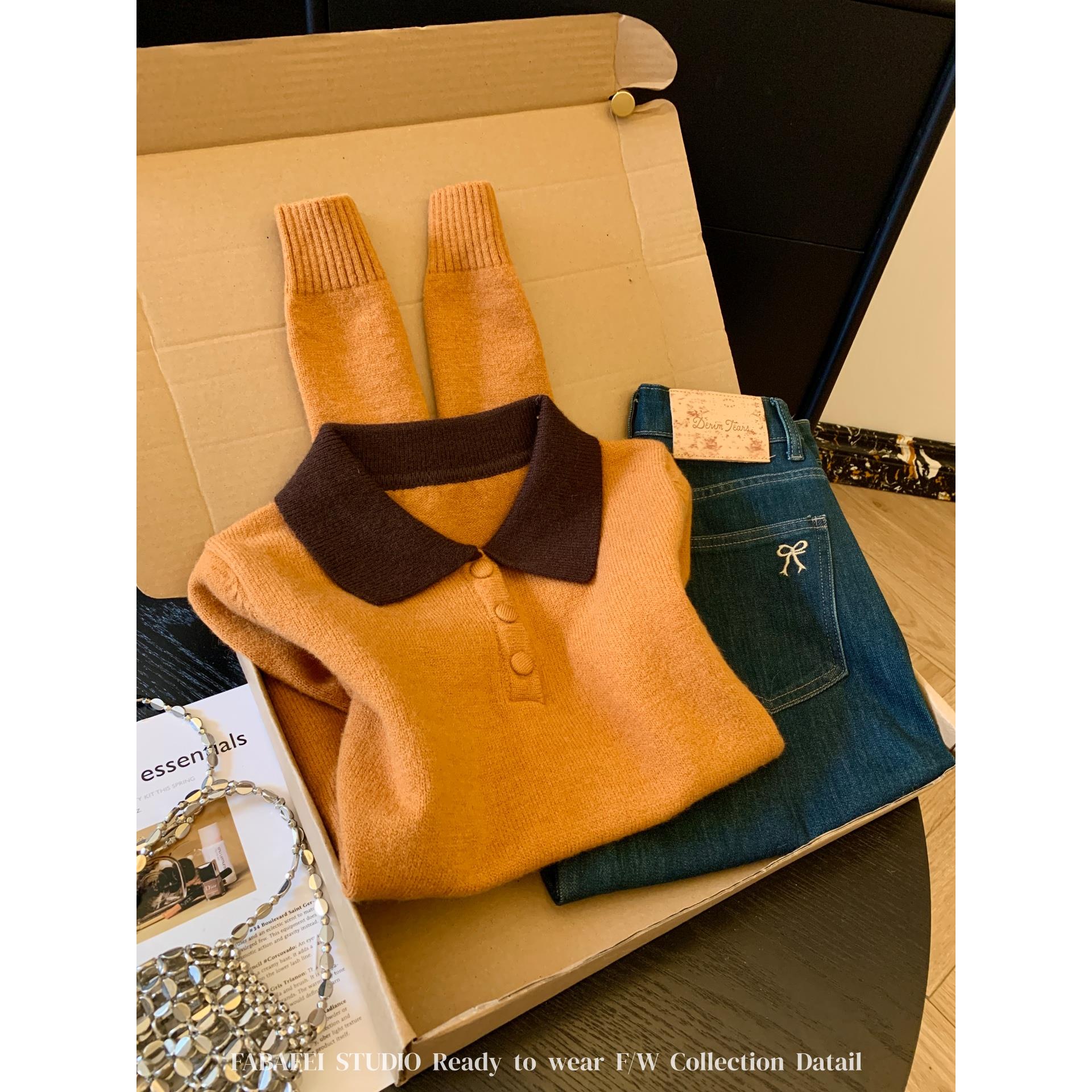 韩版撞色翻领长袖针织衫女2025秋冬款日系复古打底衫套头显瘦上衣