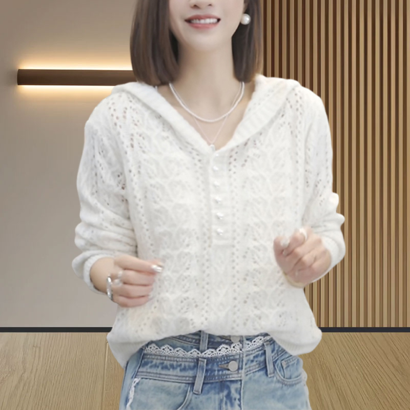 长袖女款连帽针织衫爆款2025春秋新款轻奢高感级小众镂空毛衣时髦