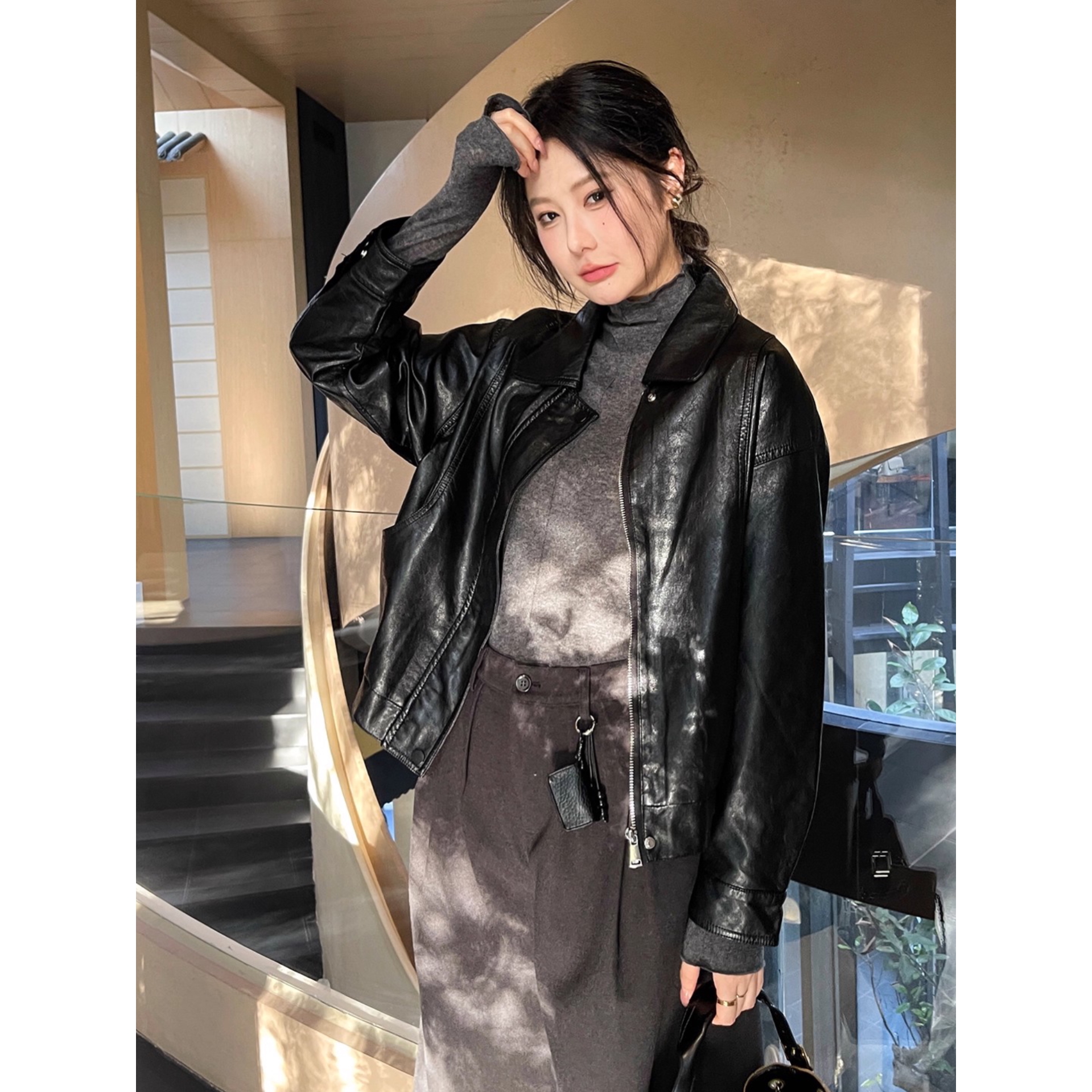 POLO领黑色pu皮衣外套2025年新款女秋冬季时尚长袖夹克上衣高级感