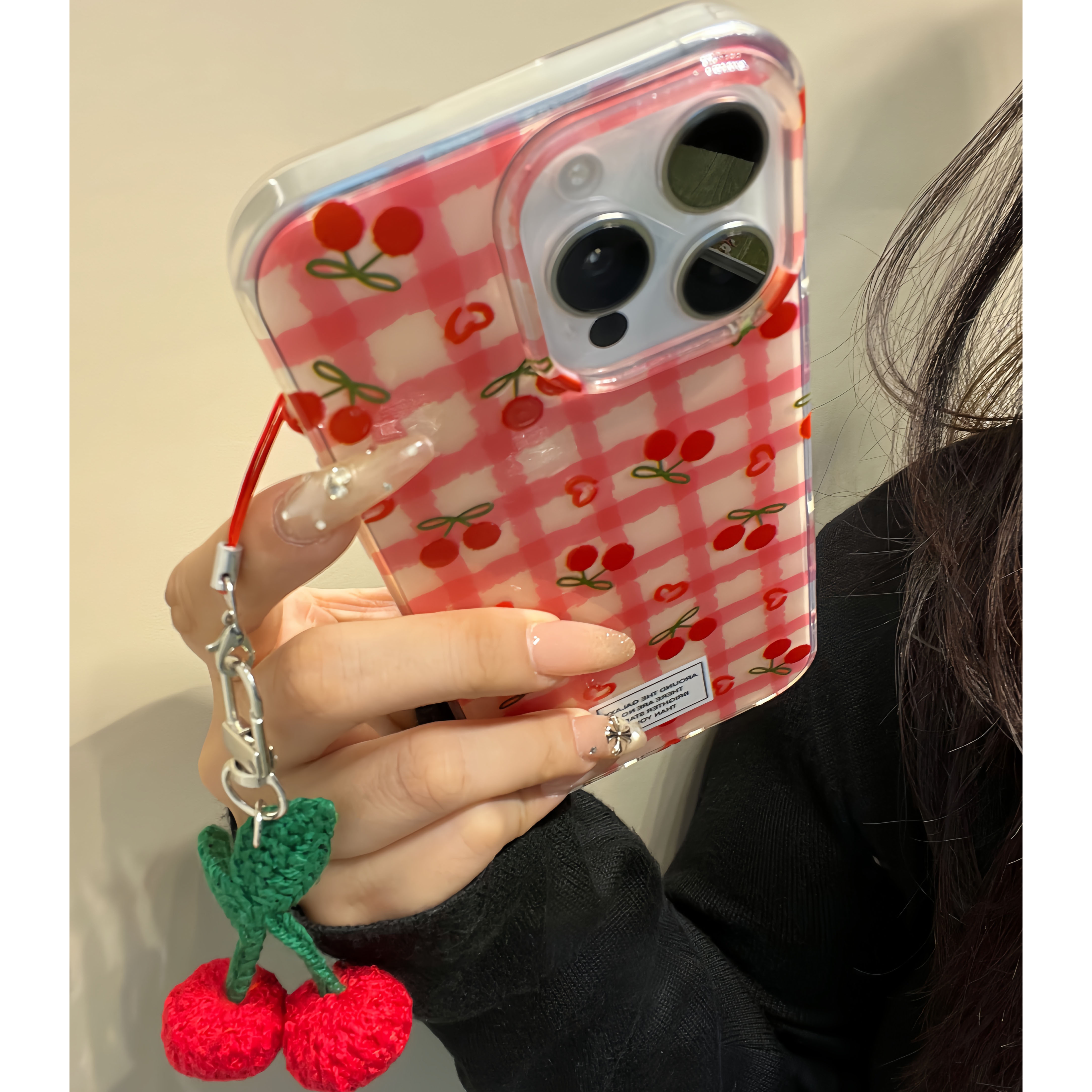 格纹樱桃适用苹果17promax手机壳15/13/16华为OPPO小米VIVO防摔壳