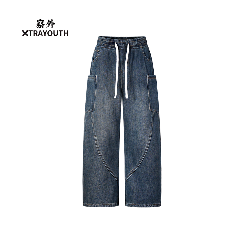 察外XY【几何牛仔】弯刀牛仔裤松紧腰直筒加绒加厚水洗长裤宽松保暖