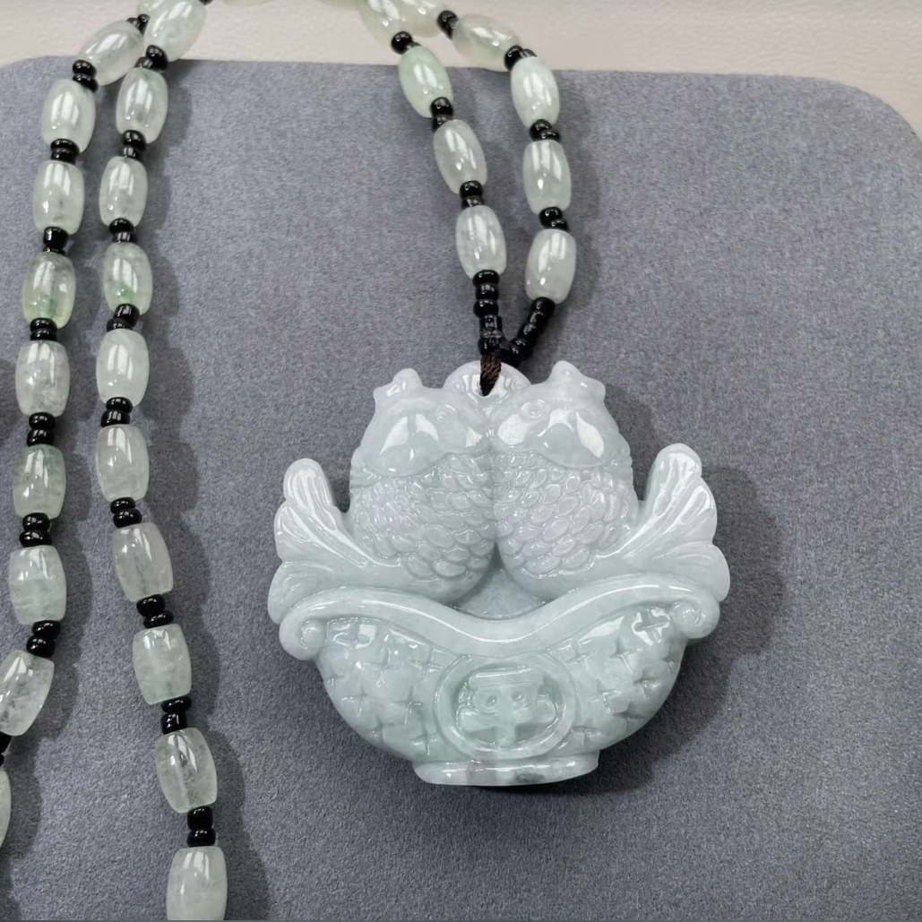 翡翠A货果绿双鱼带链子品质好冰【超哥宠粉】