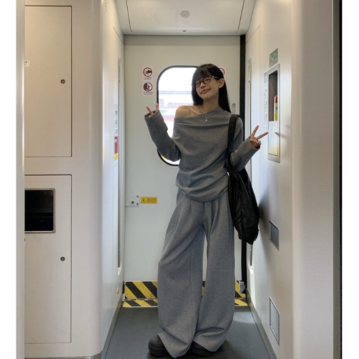 设计感性感斜肩长袖套头卫衣女秋季灰色套装慵懒休闲阔腿裤两件套
