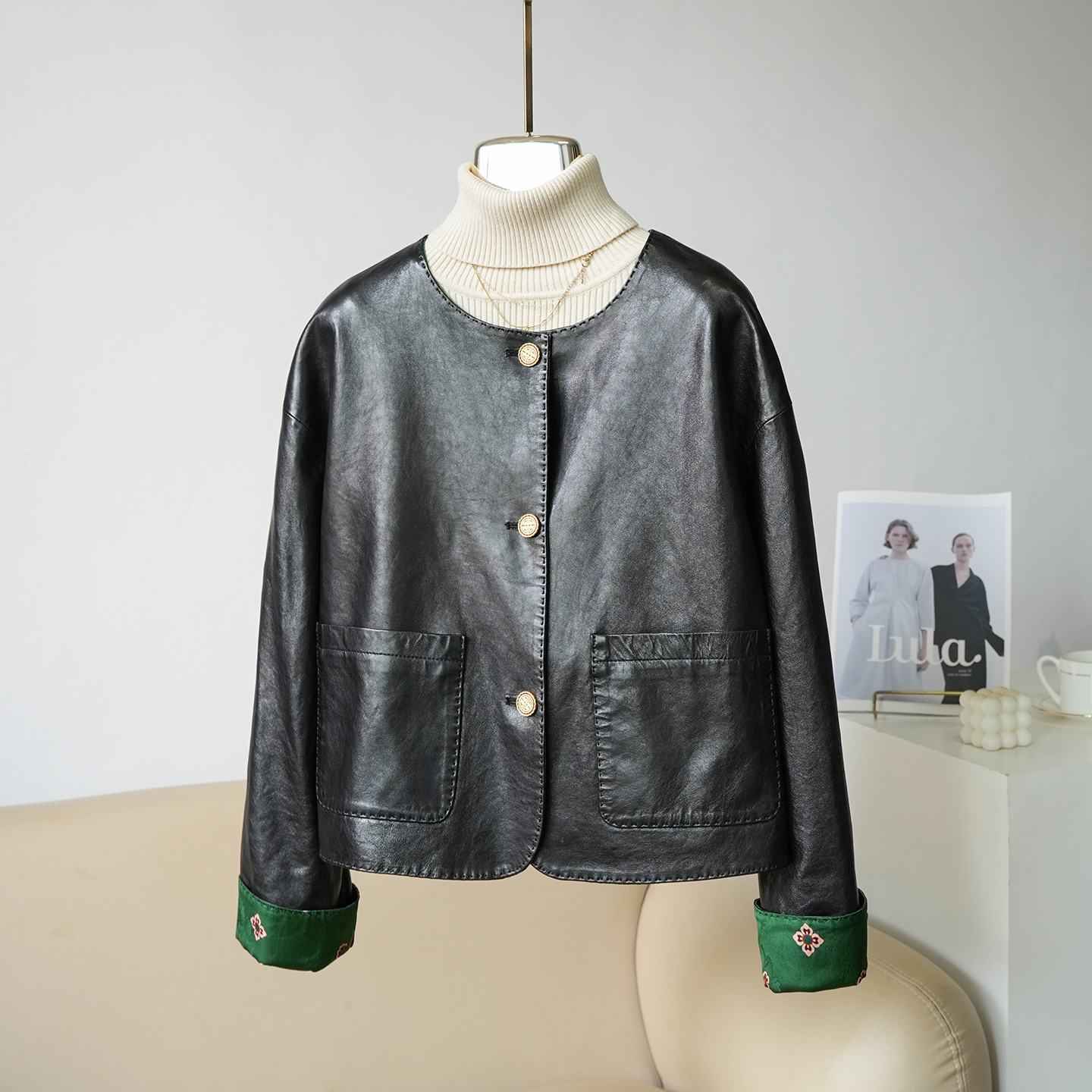 秋季新中式国风圆领皮衣女双面穿时尚气质复古百搭短外套女上衣潮