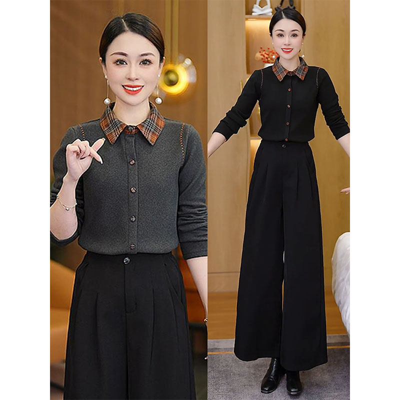 翻领格子打底衫秋冬新款洋气妈妈装时尚减龄设计气质新款潮牌女装