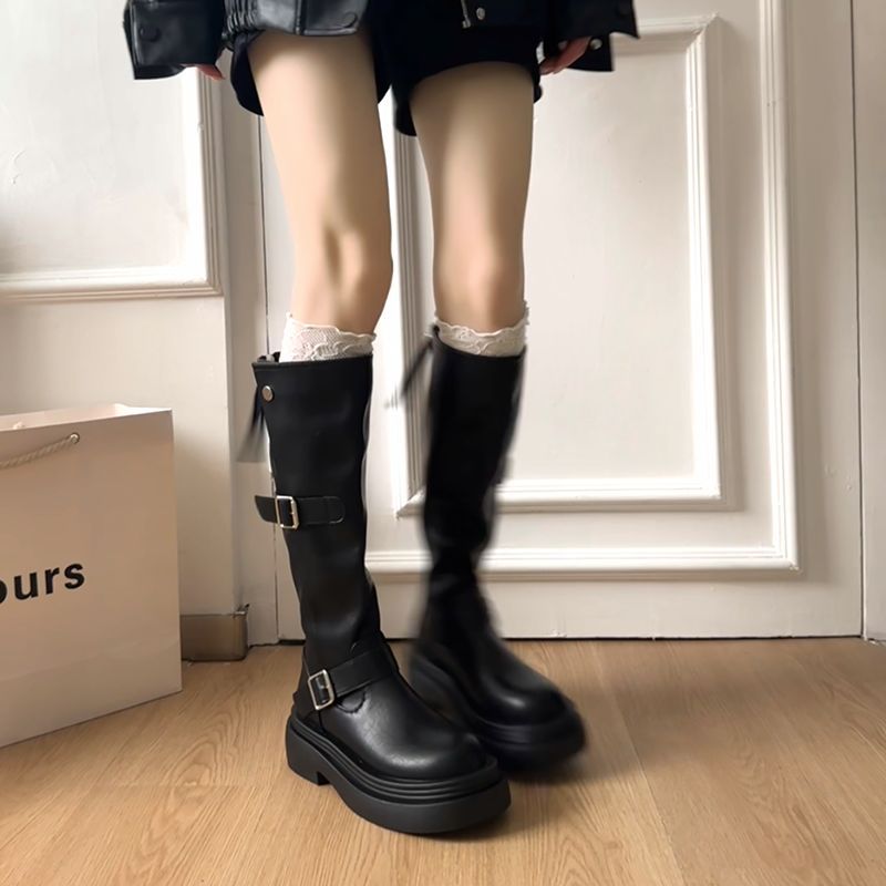 2025春秋新款高筒小个子长靴不过膝厚底靴子皮带扣长筒靴女款百搭