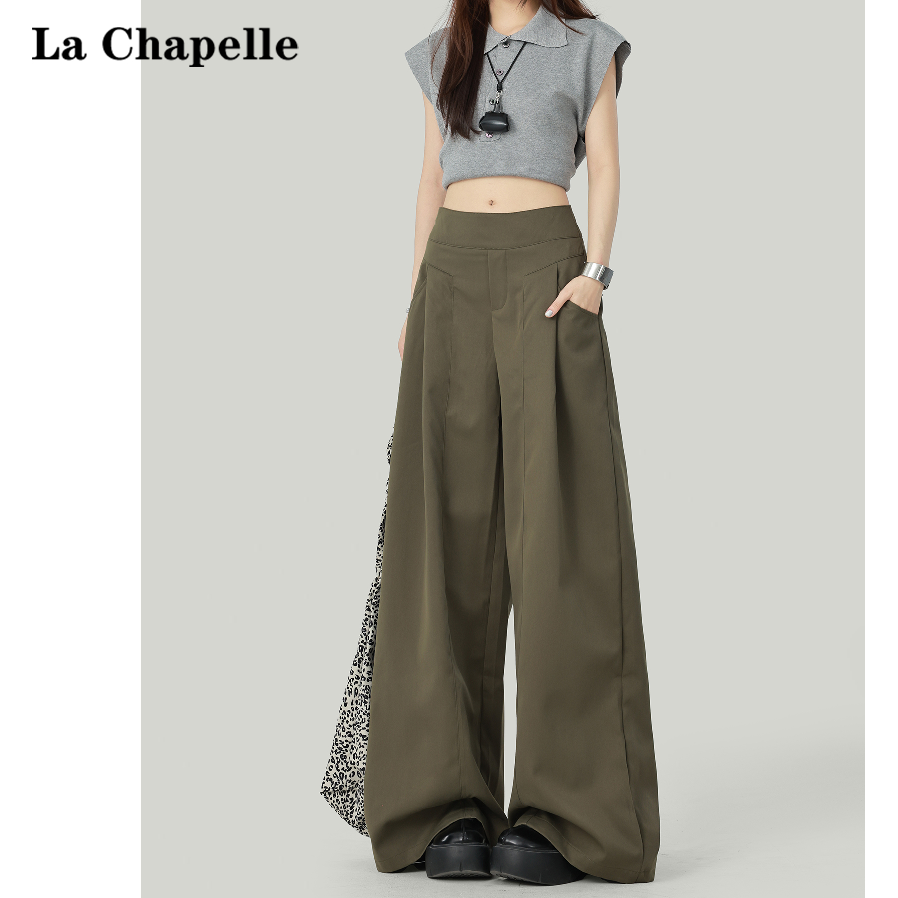 拉夏贝尔慵懒风设计感休闲裤女2025夏季新款高腰宽松阔腿拖地长裤