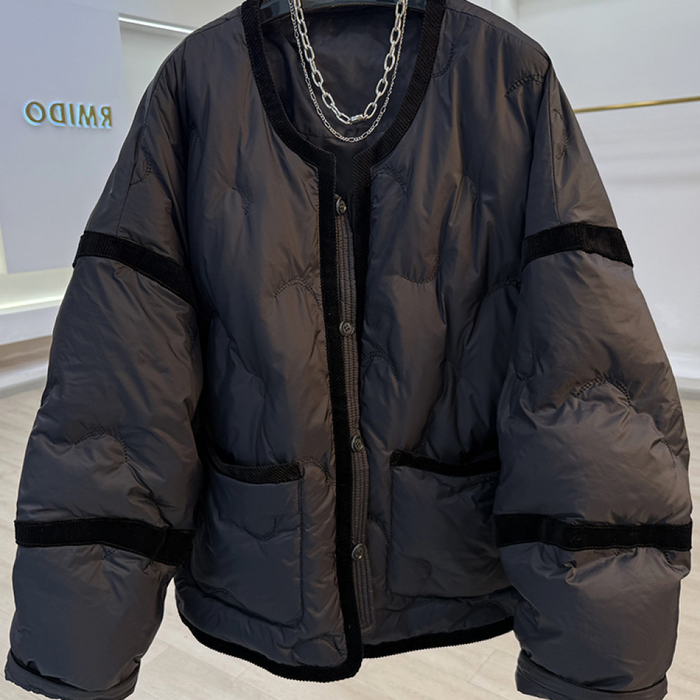 洋气时尚复古宽松圆领棉服外套2025冬慵懒显瘦百搭拼接黑色棉衣潮