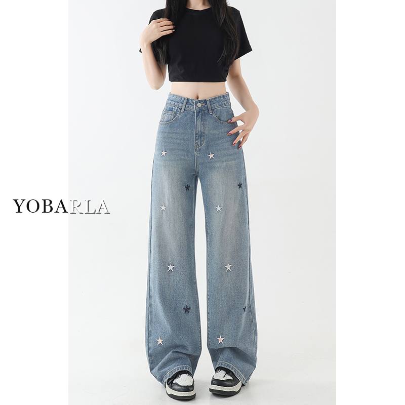 蓝色刺绣星星阔腿牛仔裤女秋冬大码女士宽松显瘦梨形身材直筒裤子