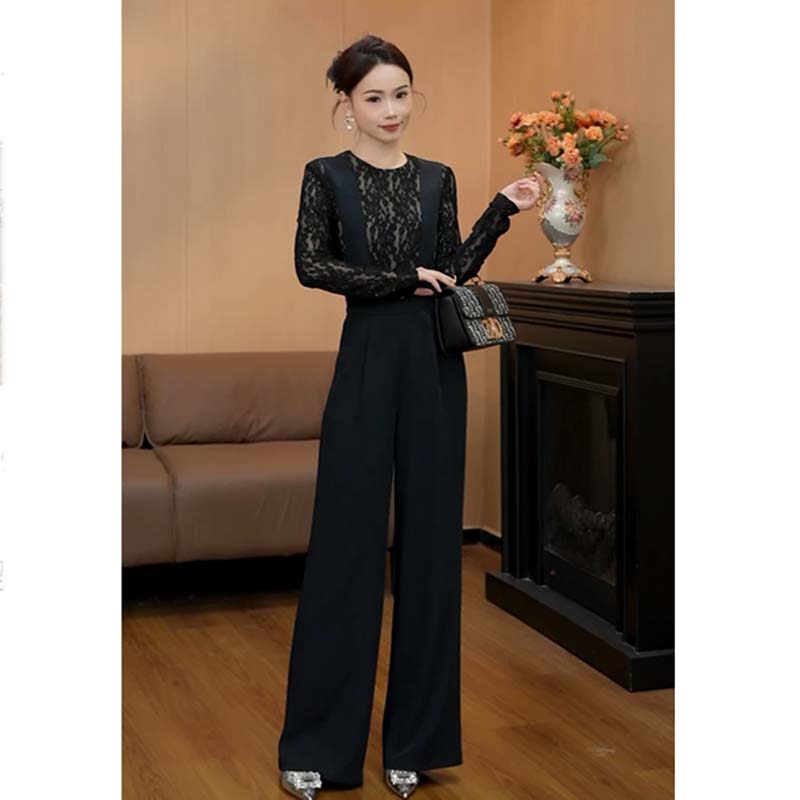 【有里布】女神范气法式时尚蕾丝拼接春秋新款长裤连体裤女D3506