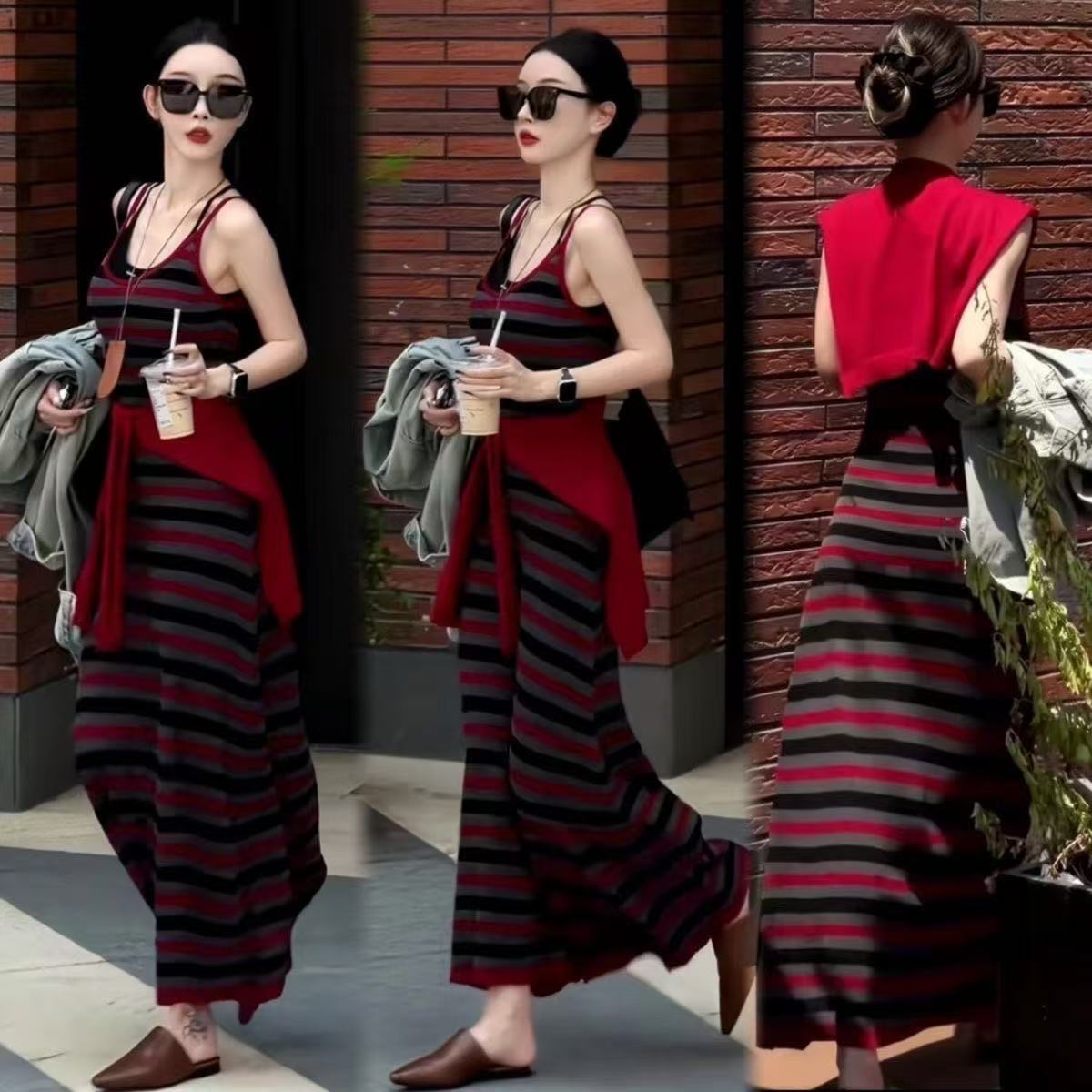 2025年新款撞色条纹吊带连衣裙女夏季法式纯欲气质收腰显瘦长裙子