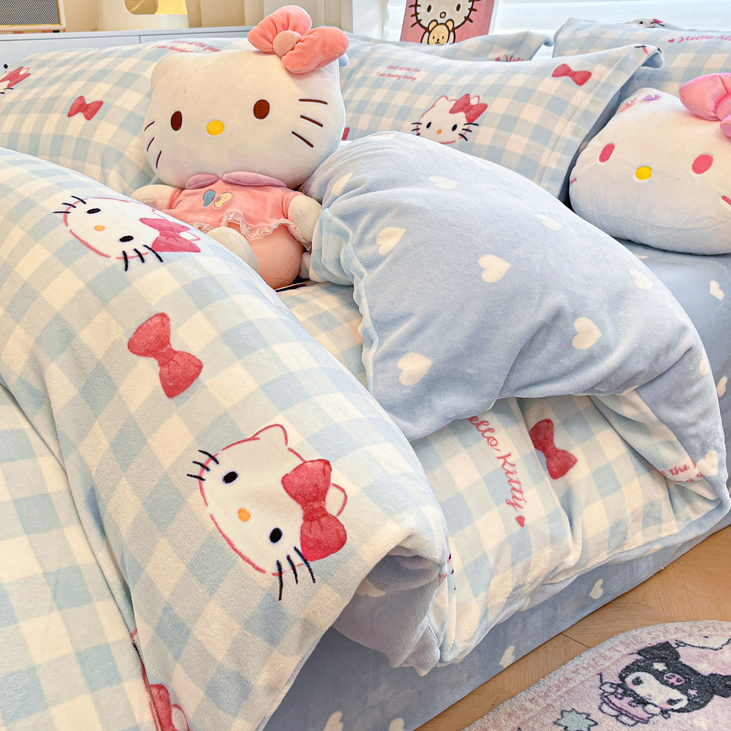 kt猫牛奶绒四件套秋冬季加厚珊瑚绒少女心被套床单床上用品三件套
