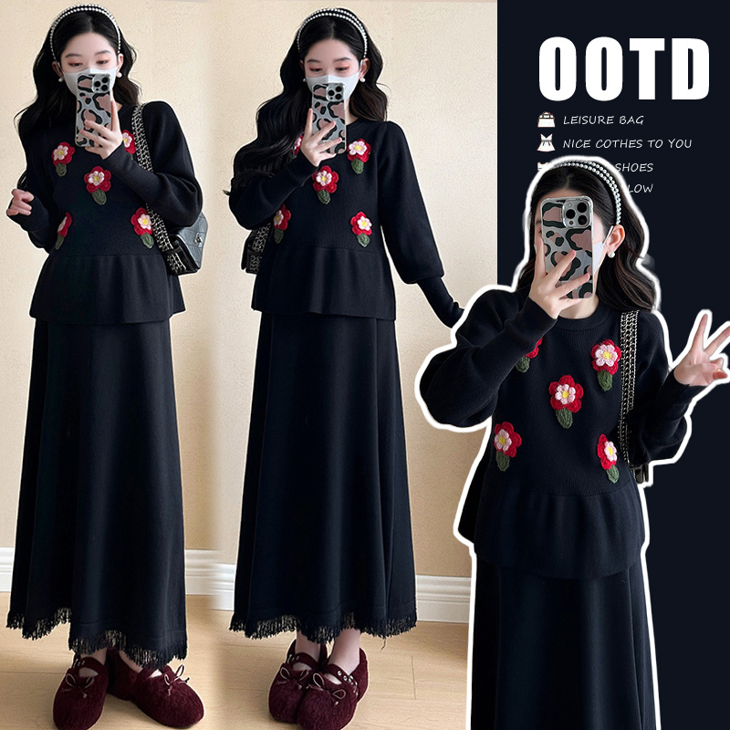 【颜十七】2025新款孕妇秋冬款韩版宽松显瘦花朵上衣+半身裙套装