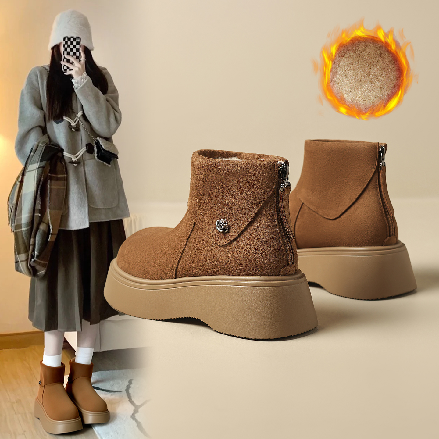 ZHR厚底雪地靴女2025秋冬新款加绒保暖小个子增高马丁靴勃肯短靴