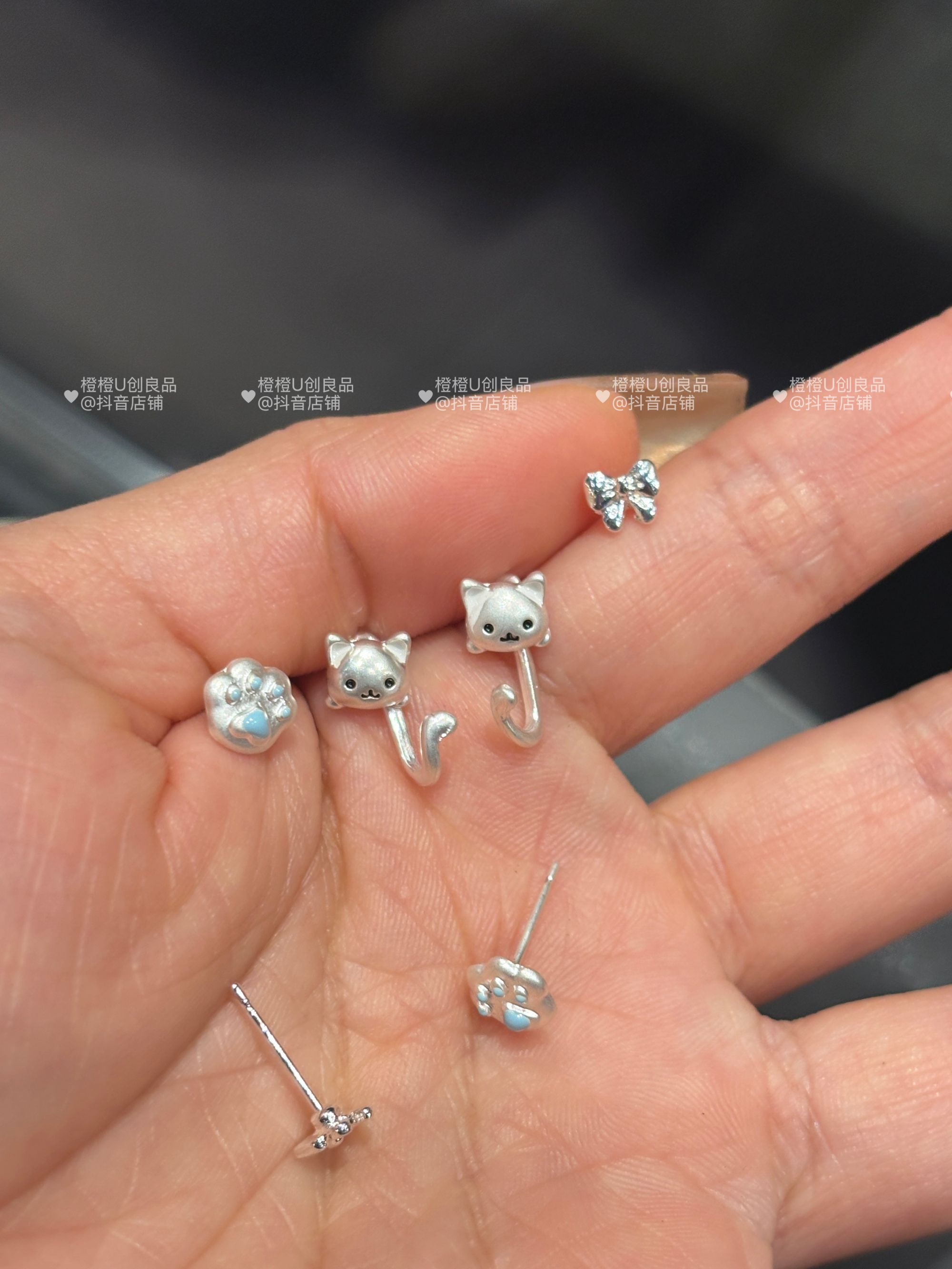 铜合金耳饰 气质银色可爱耳骨钉女几何猫爪耳钉迷你小众百搭精致