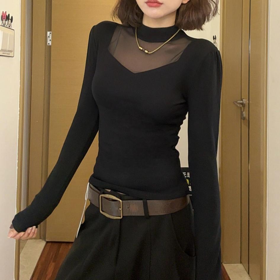 2025秋冬新款设计感洋气网纱拼接上衣打底衫遮肚修身显瘦百搭长袖