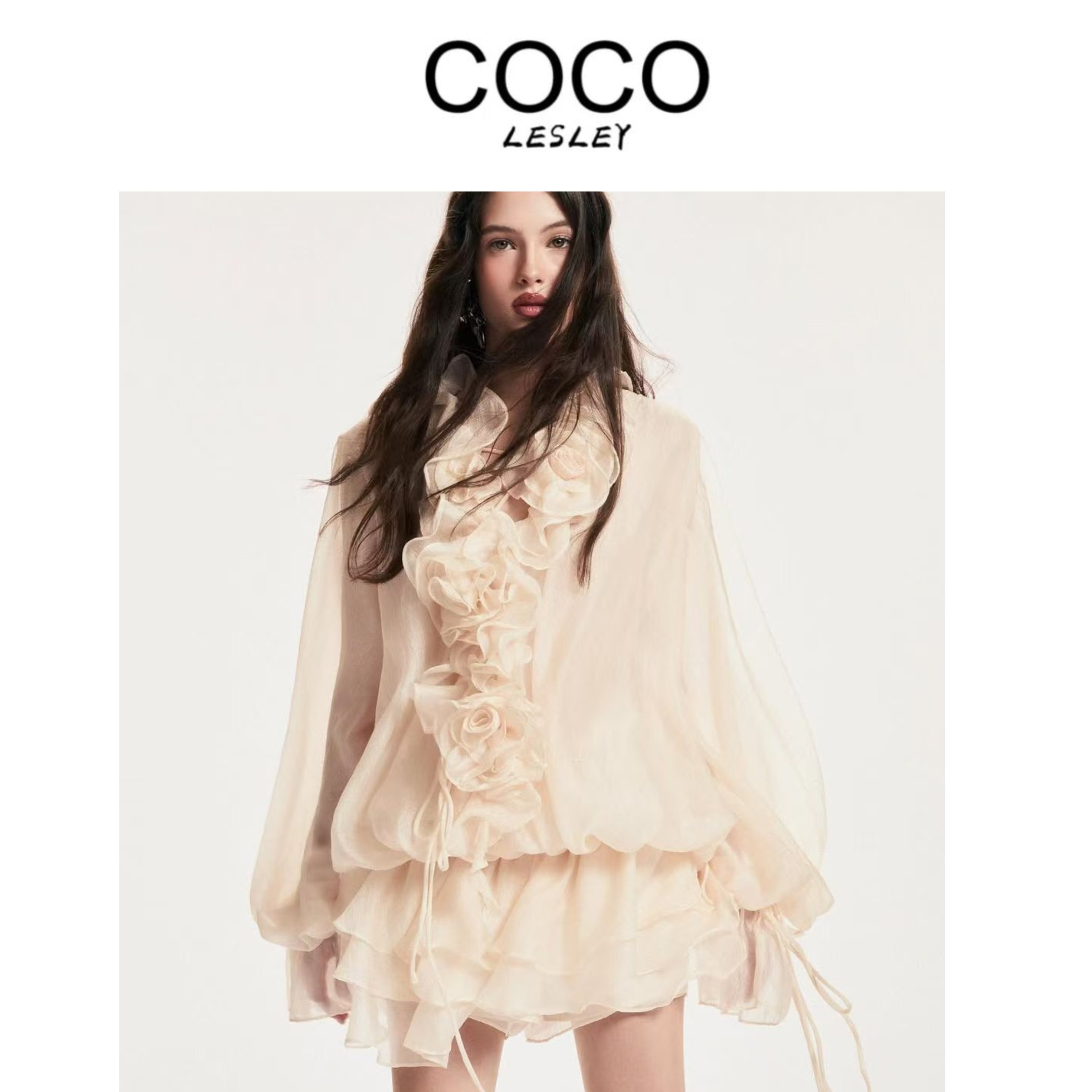 精致手工花朵长袖荷叶边立体花秋冬白色夏季连衣裙设计师秋季宽松