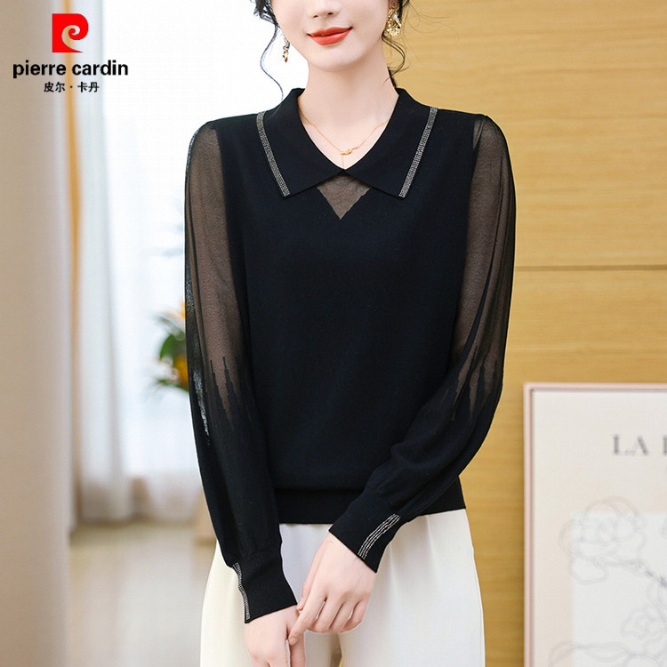 皮尔卡丹2025新款春装洋气妈妈桑蚕丝T恤女长袖polo领上衣冰丝针