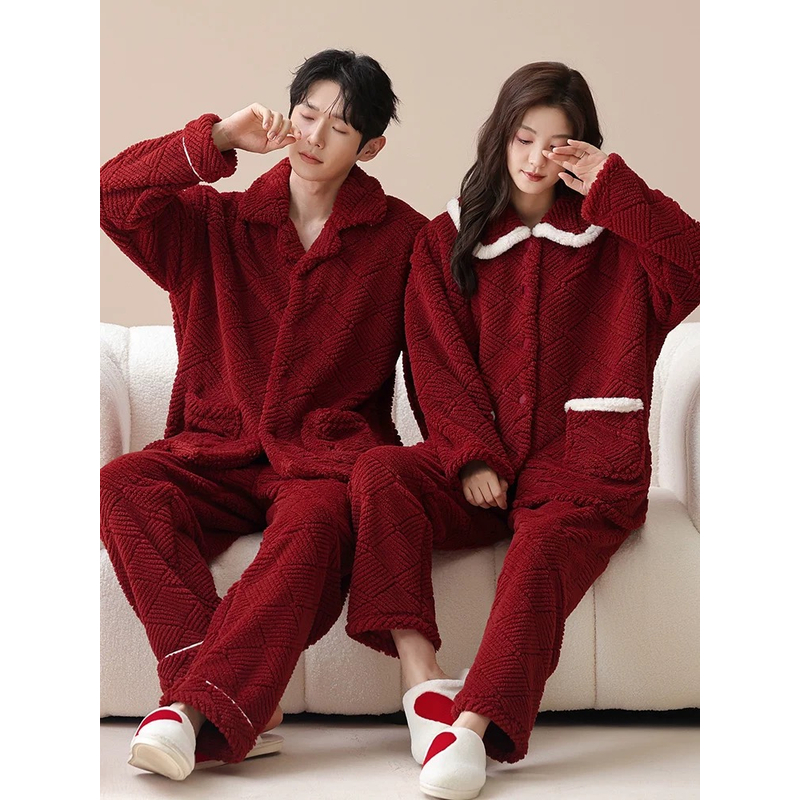 高档喜庆睡衣结婚新婚情侣套装秋冬款珊瑚绒加厚红色情侣装秋冬季