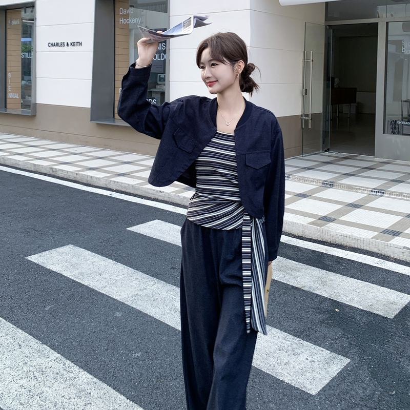 老钱风松弛感极简慵懒风休闲时尚外套条纹阔腿裤长袖宽松女装套装