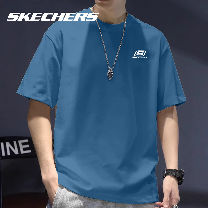 斯凯奇短袖T恤男2025夏季新款潮宽松蓝色男士运动休闲衣服半袖男