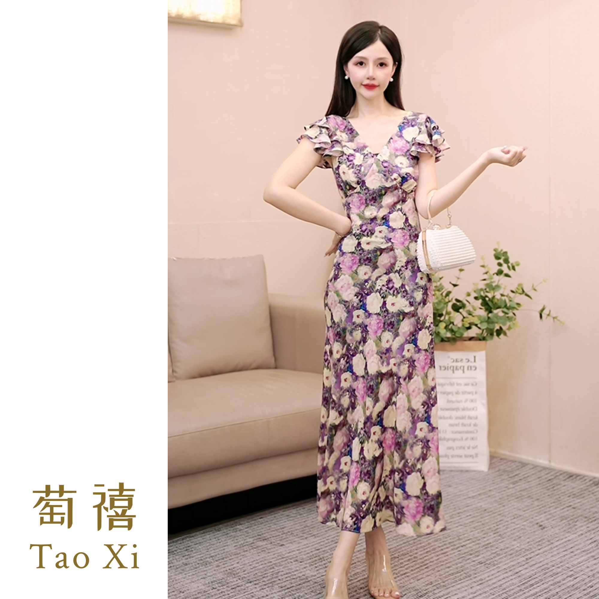 【萄禧】玫瑰紫花气质印花显瘦飞飞袖高腰中长款连衣裙TX05QZ1028