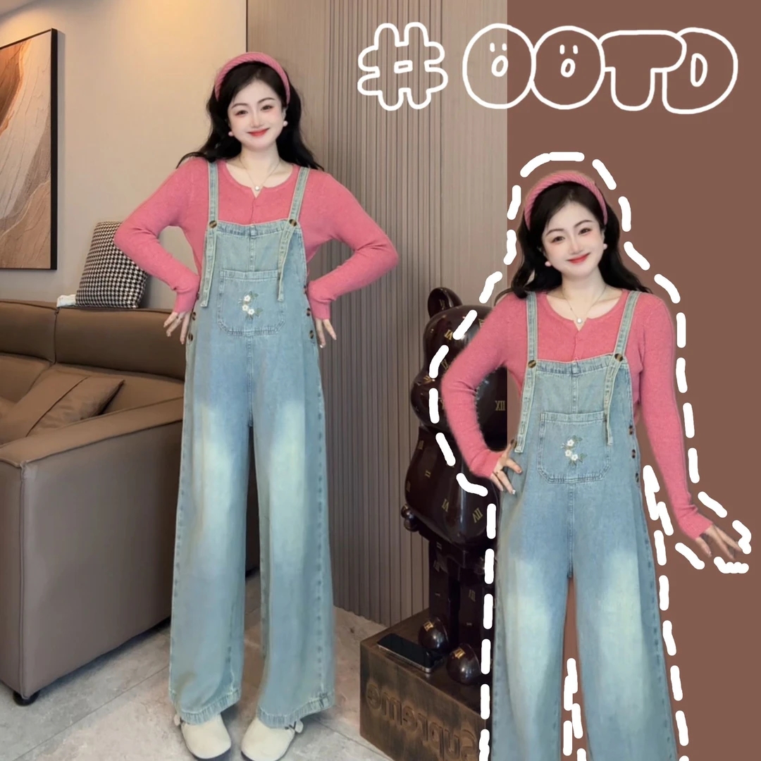 2025秋季新款孕妇装版型针织打底衫+牛仔背带裤减龄宽松