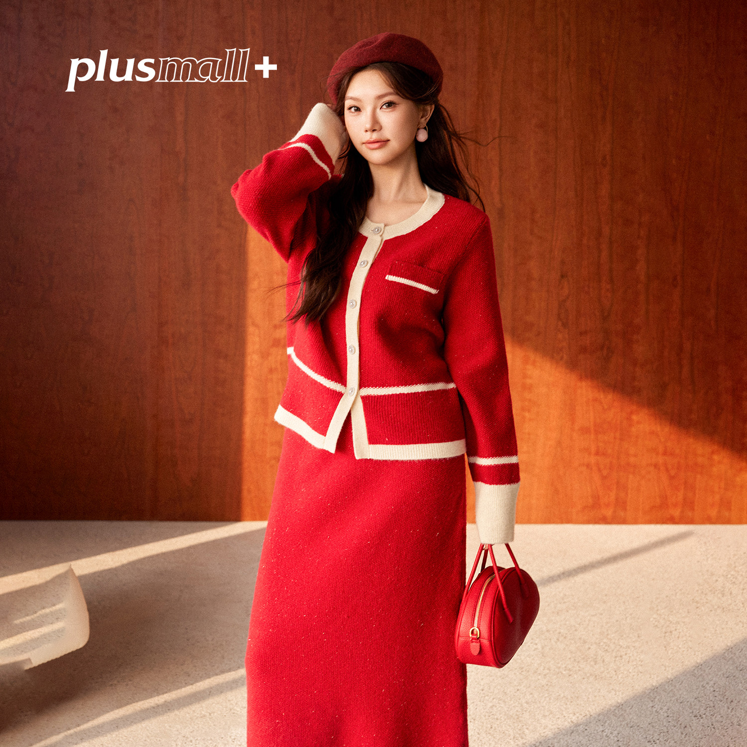 PLUSMALL 酒樱香调 小香风毛织套装开衫上衣＋直筒半裙PM2512015AB