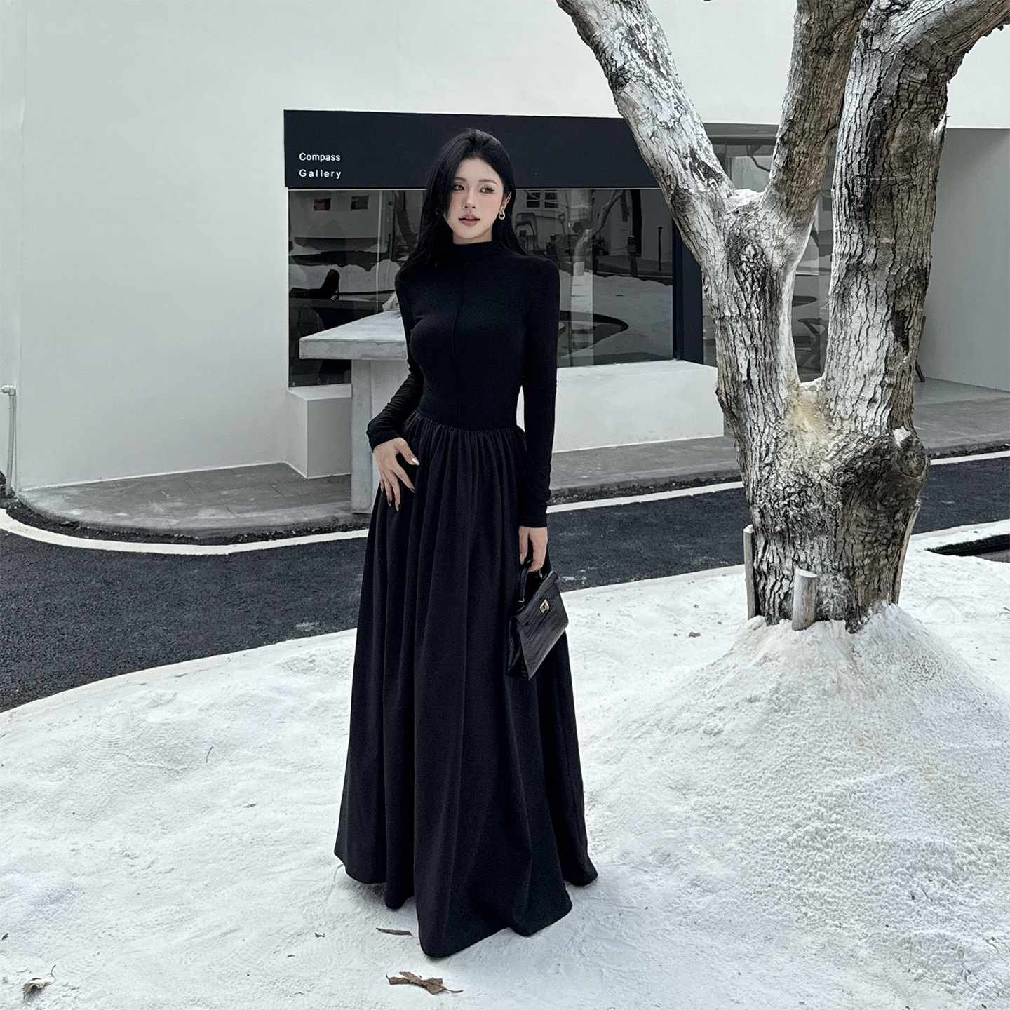 【运补6-8】法式气质高领针织内搭长裙2025秋季赫本风高领小黑裙