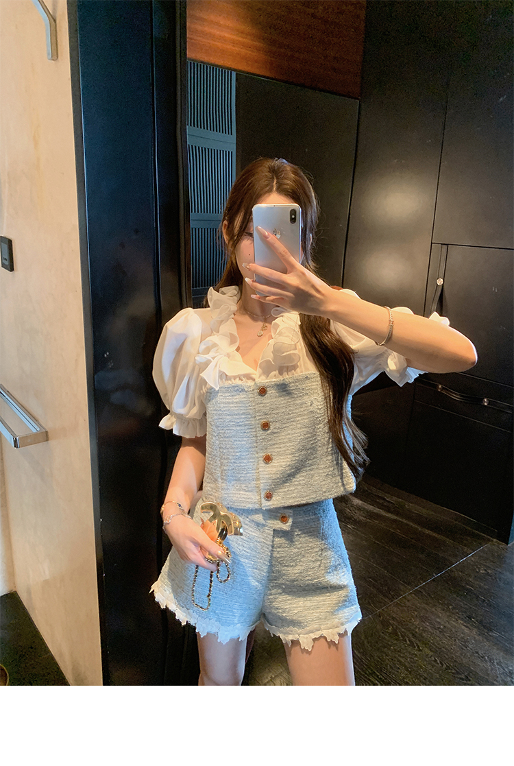 【仲夏名媛蓝】法式夏季新款圆领拼接小香风上衣女+高腰短裤
