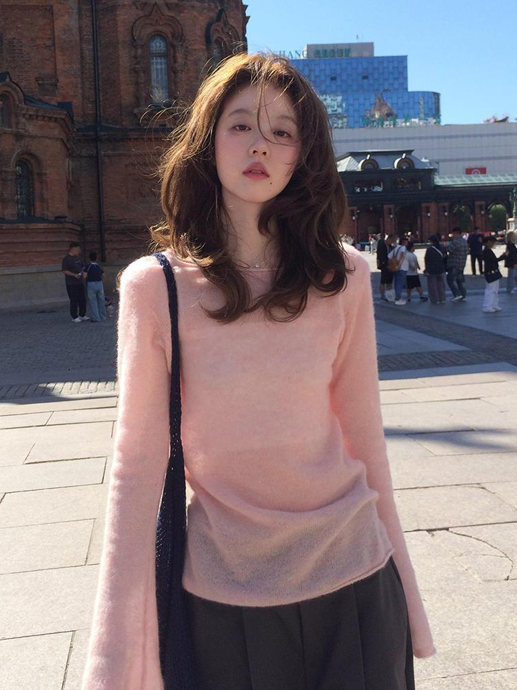 慵懒风穿搭小个子上衣高级感超好看韩系氛围感粉色针织衫女早秋季