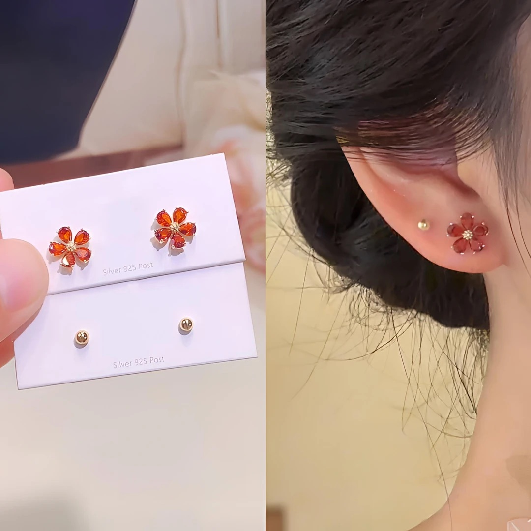 925银针红色锆石花朵四件套耳钉女时尚简约精致轻奢小众百搭耳饰