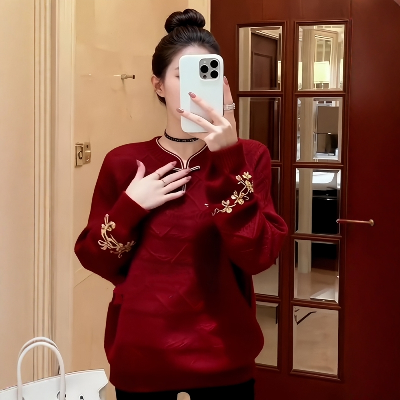 大码国风新中式盘扣毛衣针织衫女秋冬微胖mm显瘦高级感打底衫上衣
