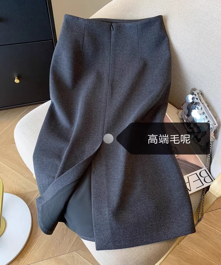 2025秋冬新款毛呢半身裙韩版大码遮肉显瘦a字裙高腰百搭开叉长裙