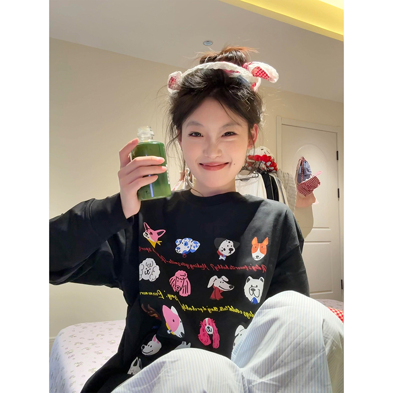 美式趣味卡通小狗印花长袖T恤女秋新款慵懒风休闲百搭显瘦上衣潮