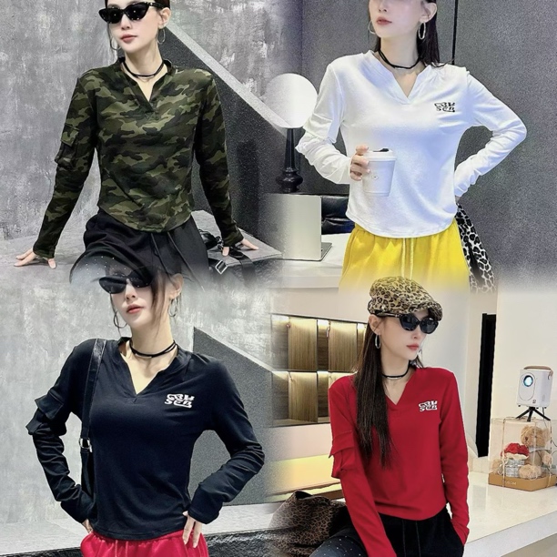 3922莫代尔弹力V领T恤休闲韩版网红打底衫牛仔