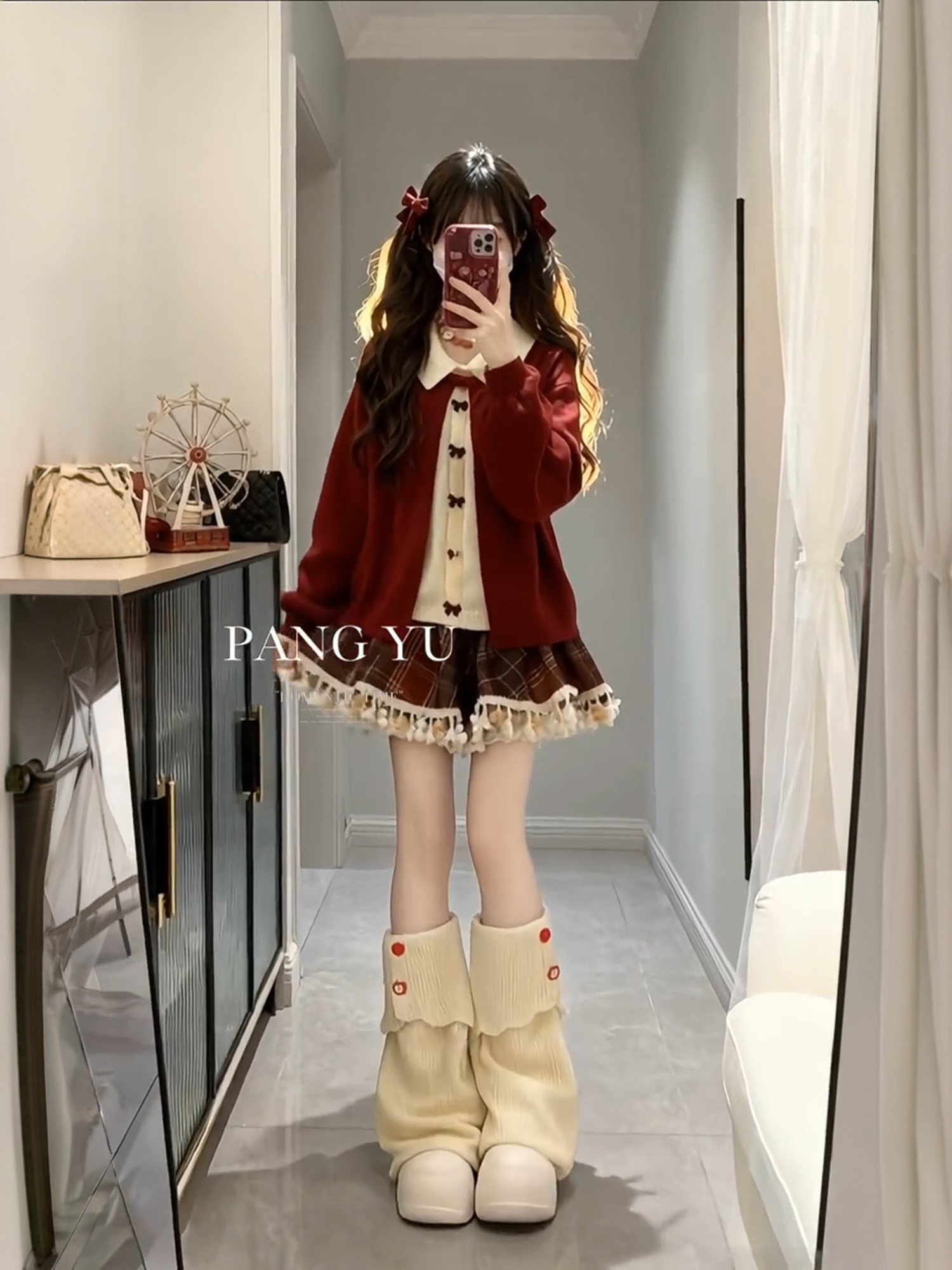 秋冬季圣诞新年假两件红色毛衣针织开衫女格纹流苏半身短裙两件套