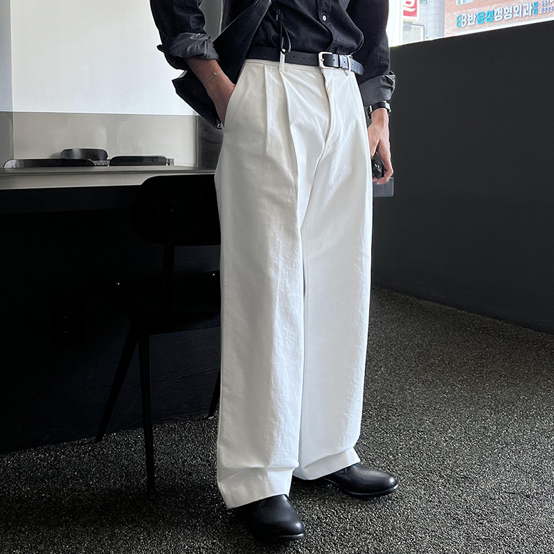 SSUMENAM「高品质」直筒双褶休闲裤男春夏宽松长裤子阔腿白色西裤