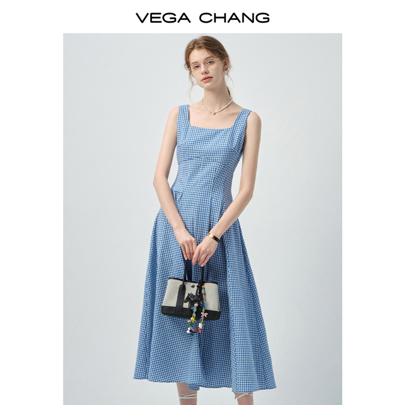 VEGA CHANG吊带连衣裙女2026年新款夏季方领格纹拼接长裙0585ZX