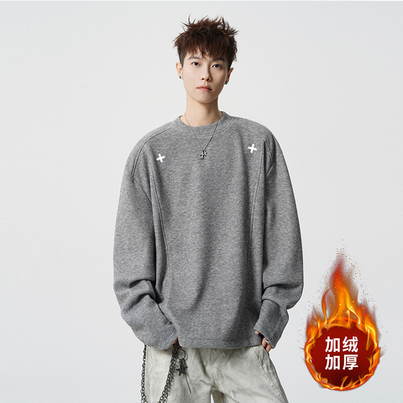 秋冬季德绒加绒加厚打底衫男士宽松潮牌青年保暖内搭中领长袖卫衣