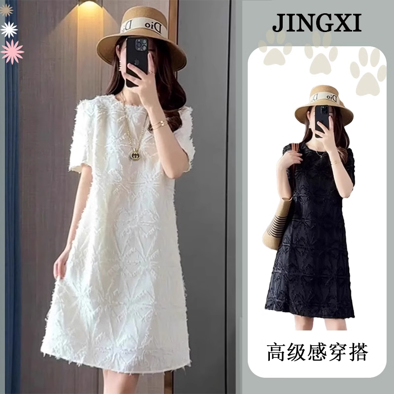 法式气质赫本风白色短袖连衣裙女夏季胖mm高级设计感泡泡袖短裙子