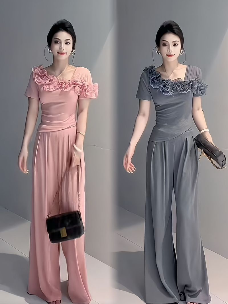 复古通勤套装女2025夏季小众设计感立体花朵短袖T恤+阔腿裤两件套