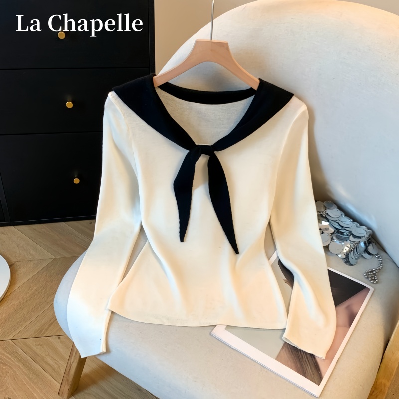 拉夏贝尔秋季时尚洋气设计感长袖针织衫女减龄撞色修身显瘦上衣女