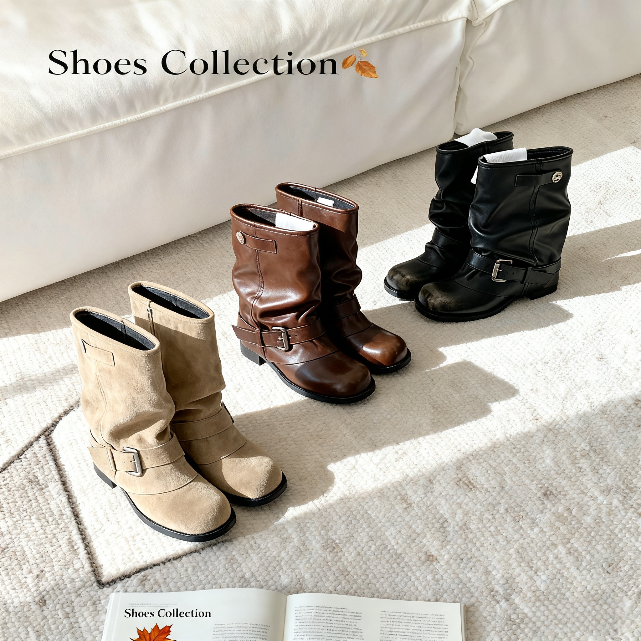 时髦百搭牛仔堆堆靴子女秋冬裤管靴复古擦色圆头粗跟短筒靴马丁靴