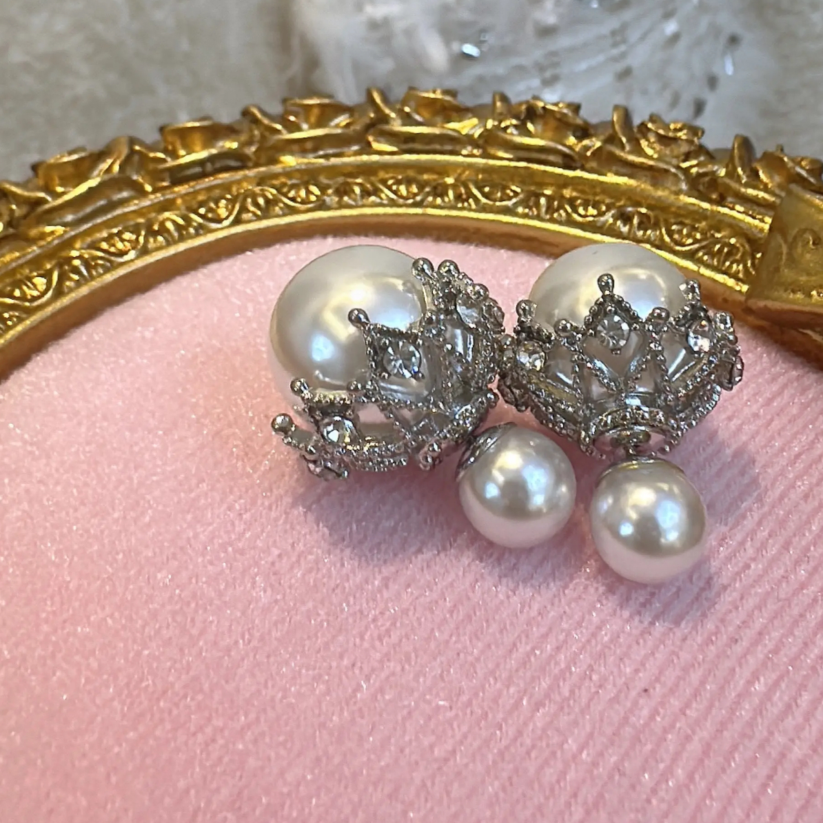 非金属仿珍珠耳饰 复古宫廷风双层珍珠耳钉一款两戴皇冠珍珠耳饰”