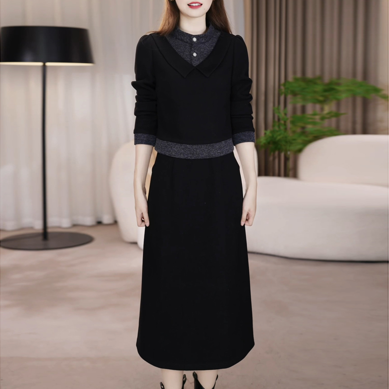 简约时尚减龄假两件连衣裙女2025秋冬新款女士洋气百搭加厚中长裙