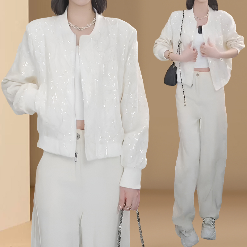 2025春秋新款韩版外套女短款肌理纹路重工刺绣提花显瘦立领百搭